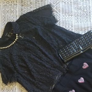 Black lace cropped button up blouse